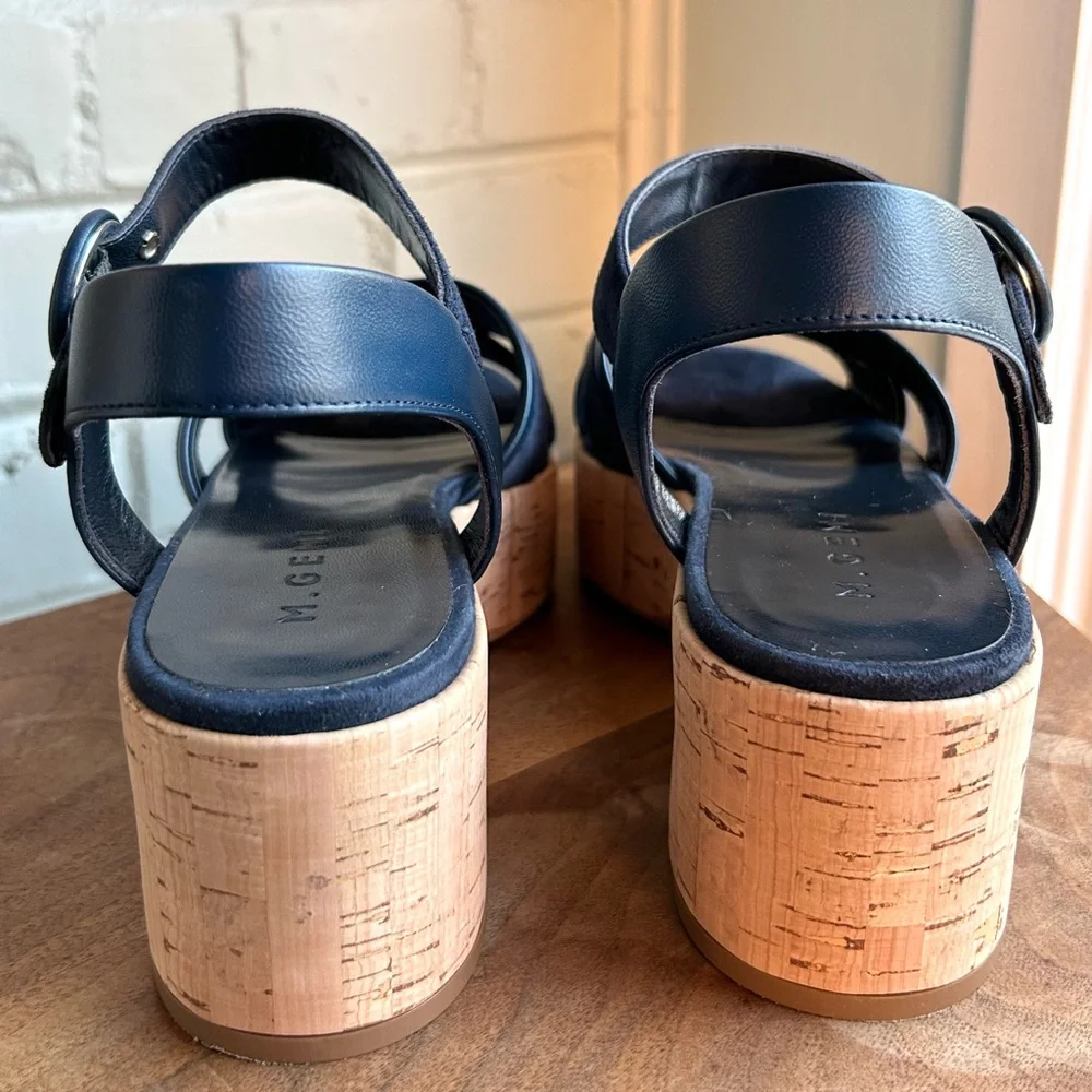 M. Gemi The Angela Italian Suede Leather Cork Platform‎ Sandal Navy Blue 39 8.5